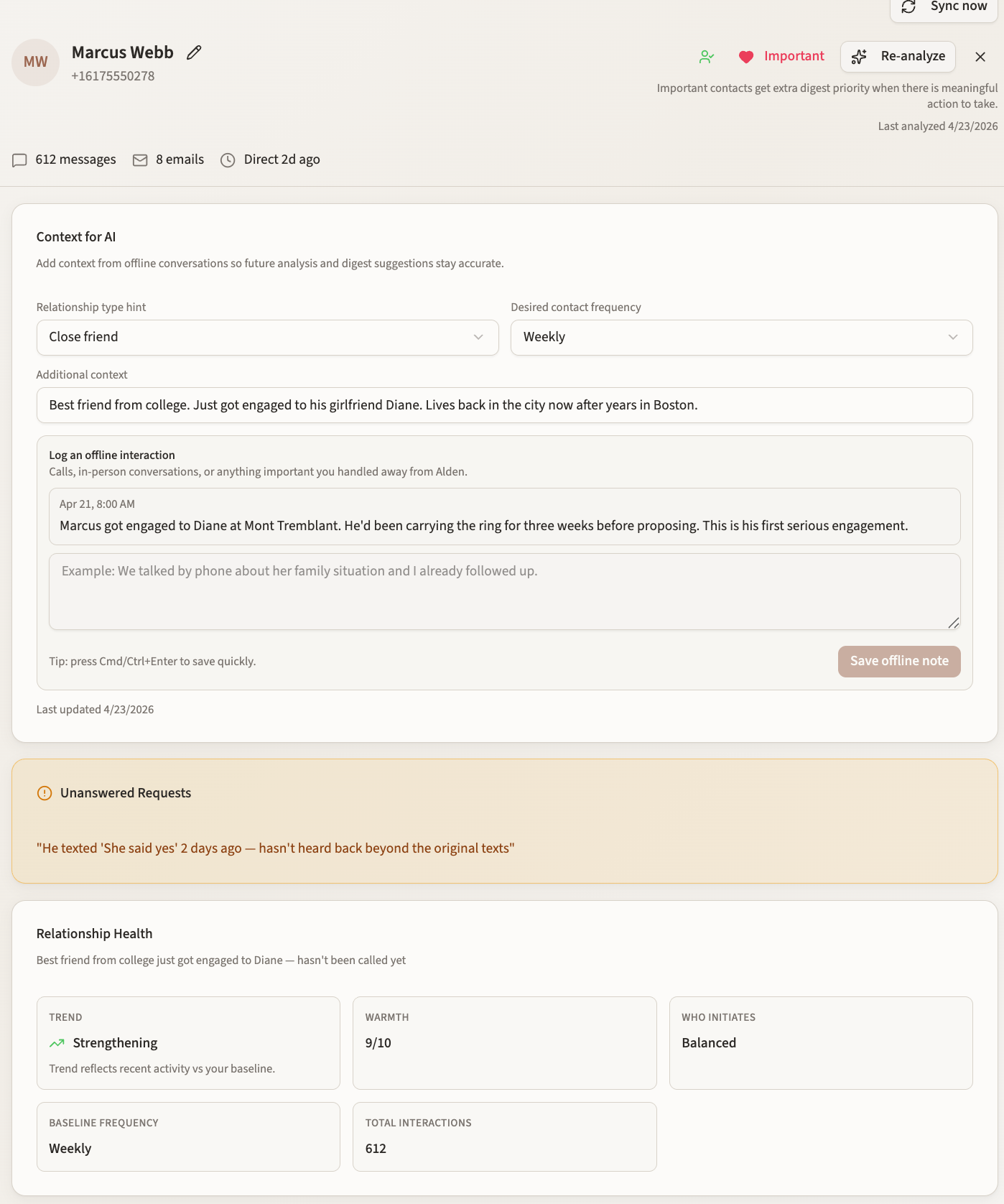 Marcus Webb contact detail showing relationship health metrics and outreach suggestions